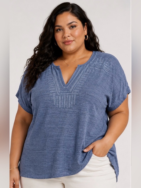 Cable & Gauge Tops - Cable & Gauge Blue Embroidered V-Neck Tunic Top